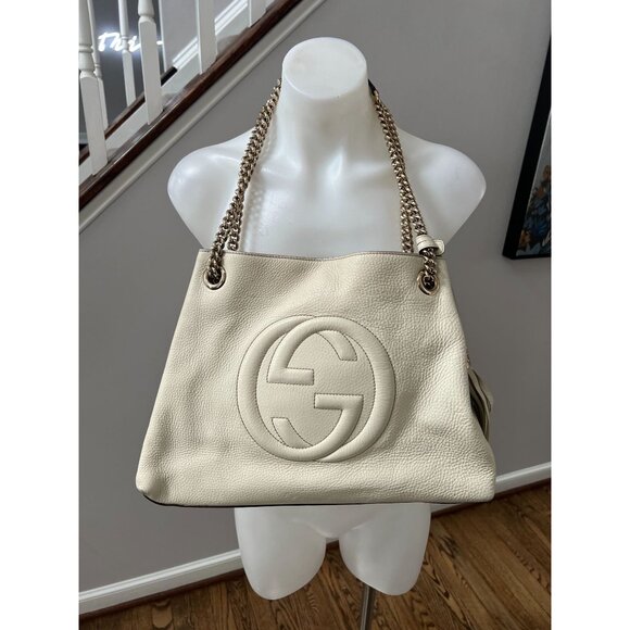 GUCCI Pebbled Calfskin Medium Soho Chain Shoulder Bag Off White Ivory - Picture 1 of 16